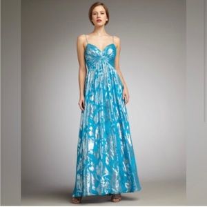 NWT 💙 AidanMattox Blue and Metallic Silk Teal Foil Print Gown SZ 4 GORGEOUS!💙